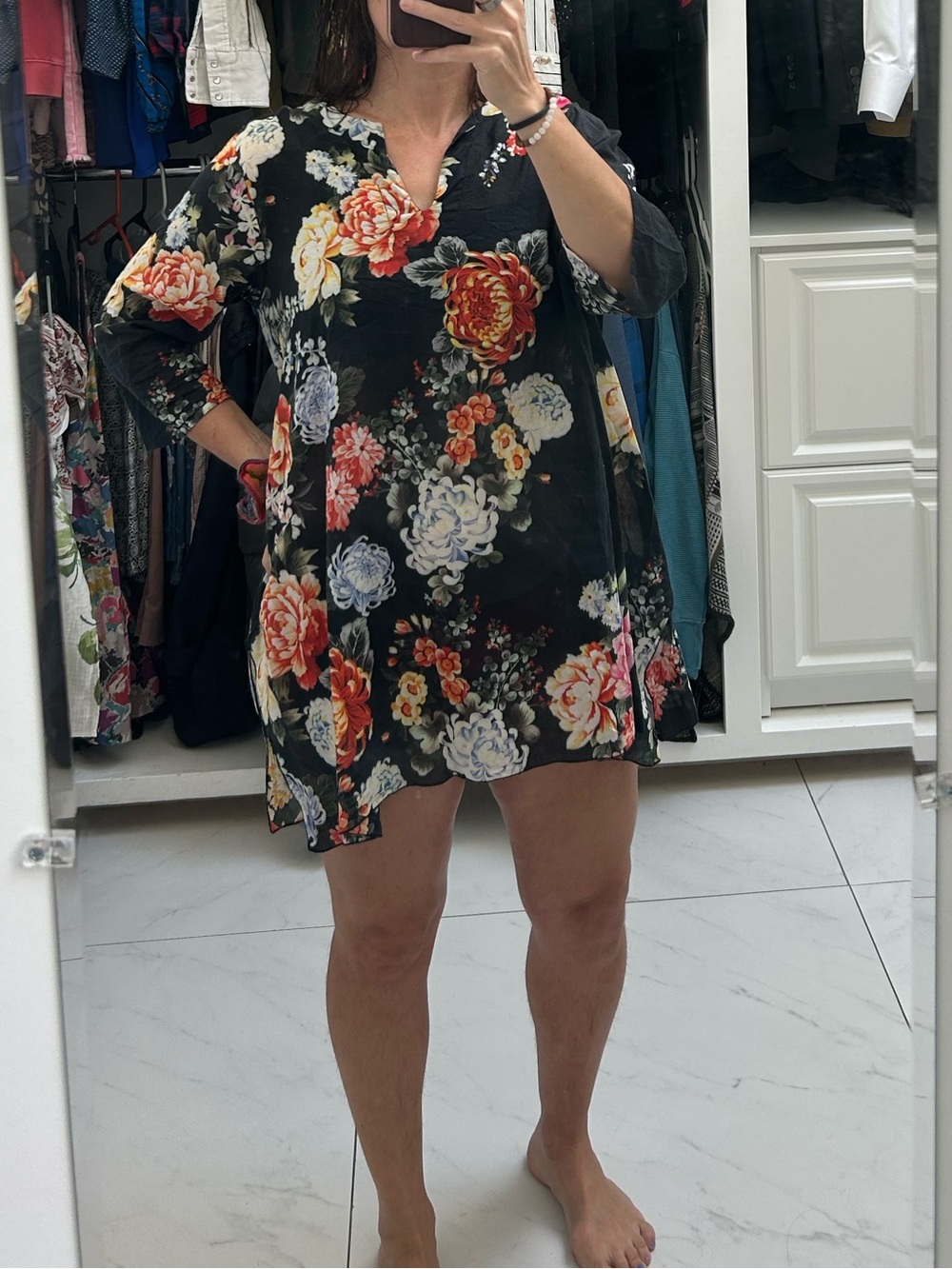 Johnny Was Black Floral V-Neck swim Cover up Tunic with Multicolor Blooms